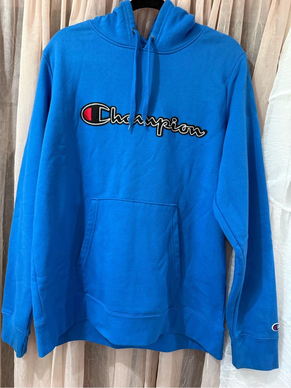 Champion Men's Bright Blue Script Logo Hoodie